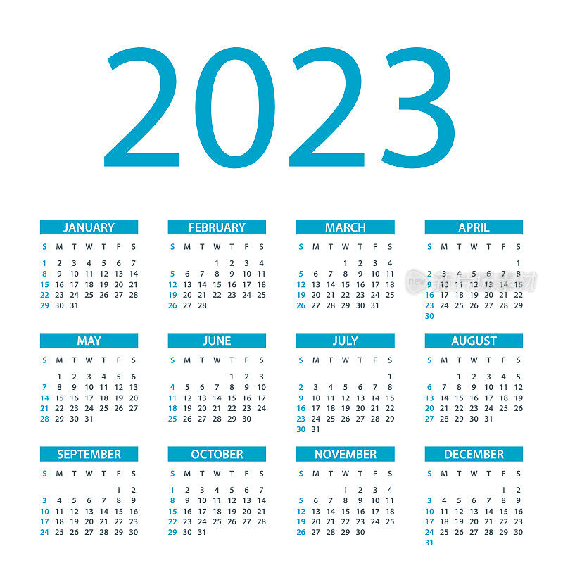 日历2023 -简单布局插图。一周从周日开始。日历设定为2023年